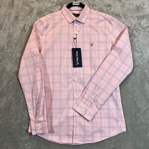 Allen‎ Solly Comfy Slim Dress Shirt Men's M-39 Pink Plaid Preppy Office